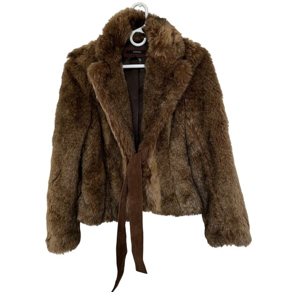 Zara Womens Faux Fur Short Jacket Coat Suede Tie Front Size M Brown - Picture 1 of 14